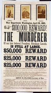 Washington Oorlogsdepartement poster met aankondiging van een beloning van $100.000 voor het vinden van de moordenaar van Abraham Lincoln, 20 april 1865