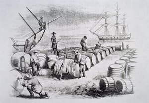 Walvisjagers meten olie in vaten, uit The American Whale Fishery, ca. 1850