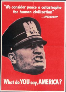 "Wat zeg JIJ AMERIKA?", Amerikaanse 2e Wereldoorlog Poster met gezicht van Mussolini, Anon, ca. 1942 door American School