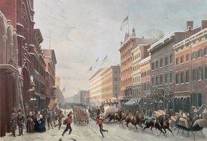 Winterscène op Broadway, New York, 1857 door American School