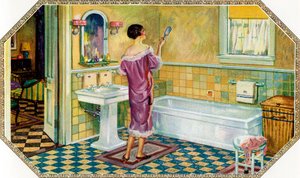 Vrouw Staand in een Art Deco Badkamer door American School