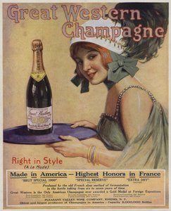 Jonge vrouw met een fles champagne, reclame voor Great Western Champagne (kleurenlitho) door American School