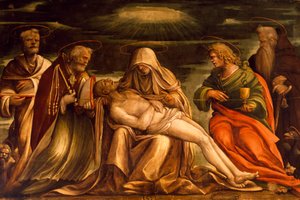 Pieta tussen de heiligen Marcus, Ambrosius, Johannes de Evangelist en Antonio Abate door Amico Aspertini