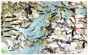 Amerikaanse cavalerie trekt zich terug over een rivier achtervolgd door inheemse Amerikaanse krijgers, ca. 1900 door Amos Bad Heart Buffalo