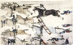 Slag bij Little Big Horn 25-26 juni 1876. Terugtocht van de Amerikaanse 7e cavaleriebataljons onder majoor Marcus Reno. Schilderij door Amos Bad Heart Buffalo (Sioux) c. 1900 door Amos Bad Heart Buffalo