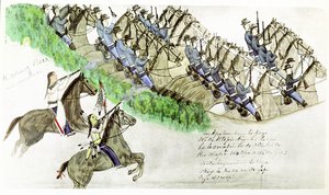 Begin van de Slag om Little Big Horn River, Montana, 25 juni 1876. Indianen van de Vlakten en Amerikaanse cavalerie. Van schilderij door Siouxindiaan Amos Bad Heart Buffalo. door Amos Bad Heart Buffalo