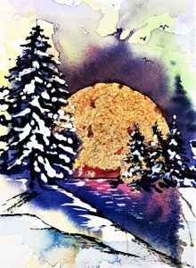 Winterlandschap met gouden maan