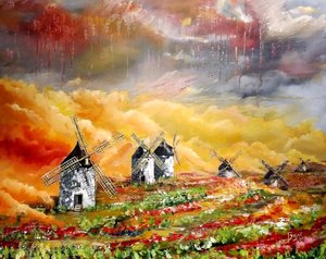 Windmolens boven vurige velden door Anda Bieza