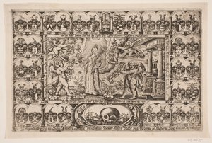 Sophie Brockenhuus en vier genieën, omgeven door wapenschilden. Uit lijkrede door Anders Ottesen