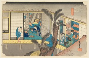 Akasaka, Interieur van Herberg, in De Drieënvijftig Stations van de Tokaido Weg (Tokaido Gojusan Tsugi-no Uchi) door Ando Hiroshige