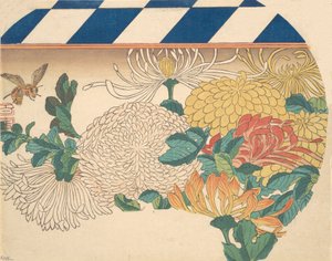 Chrysanten in waaiervormig ontwerp, 1840s door Ando Hiroshige