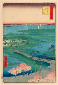 Voormalige Hachiman-schrijn, Sunamura (Sunamura Moto-Hachiman) uit de serie Honderd beroemde uitzichten van Edo door Ando Hiroshige