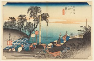 Fujikawa, Nadering van een Edelman, in De Drieënvijftig Stations van de Tokaido Weg (Tokaido Gojusan Tsugi-no Uchi) door Ando Hiroshige