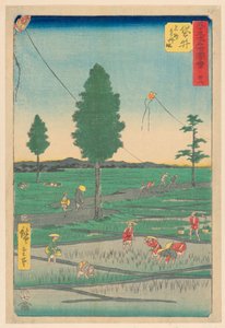 Fukuroi: Beroemde Totomi Vliegers (Fukuroi, meibutsu Ensu tako) uit de serie 53 Stations van Tokaido door Ando Hiroshige