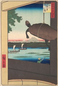 Mannenbrug, Fukagawa, 1858 door Ando Hiroshige