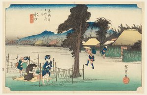 Minakuchi, in De Drieënvijftig Stations van de Tokaido-weg (Tokaido Gojusan Tsugi-no Uchi) door Ando Hiroshige