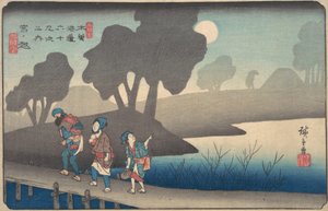 Maanverlichte nacht in Miyanokoshi, uit De Negenenzestig Stations van de Kisokaido, circa 1838 door Ando Hiroshige