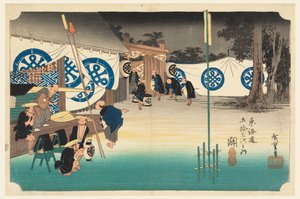 Seki, Vroeg Vertrek, in De Drieënvijftig Stations van de Tokaido Weg (Tokaido Gojusan Tsugi-no Uchi) door Ando Hiroshige