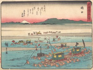 Shimada, Oigawa Shun-Gan, oevers van de Oi-rivier, ca. 1838 door Ando Hiroshige