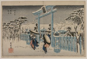 Sneeuw bij het Gion-heiligdom uit de serie Beroemde Plaatsen in Kyoto, midden 1830s