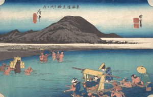 Reizigers die de Abe-rivier bij Fuchu doorwaden, ca. 1833-34 door Ando Hiroshige