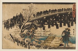 Houtsnede - Twee mannen in een boot onder een brug, 1797-1858 door Ando Hiroshige