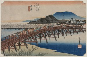 Yahagi-brug bij Okazaki Station 39, uit de serie Drieënvijftig Stations van de Tokaido, 1833