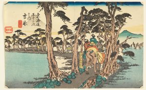 Yoshiwara. Hidari Fuji (Yoshiwara met de berg Fuji), uit Tokaido Gojusan Tsugi-na Uchi (Drieënvijftig stations op de Tokaido) door Ando Hiroshige