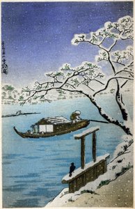 Geografie. Japan. Rivier in de winter. Houtsnede door Hiroshige in: Drieënvijftig Stations van de Tokaido (1833-1834). Ansichtkaart, Japan, ca. 1900