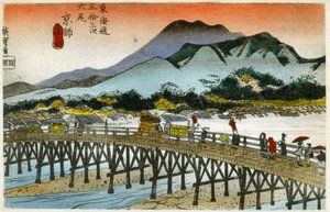 Geografie. De Ochtendgloed bij de Nihonbashi (55e station). Houtsnede door Hiroshige in: Drieënvijftig Stations van de Tokaido (1833-1834). Ansichtkaart, Japan, ca. 1900 door Ando or Utagawa (after) Hiroshige