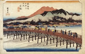 (figuren die een brug oversteken) door Ando or Utagawa Hiroshige