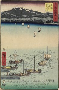 53, Zeilboten bij Yabase veerpoort op Kusatsu strand, Kusatsu, 1855 door Ando or Utagawa Hiroshige