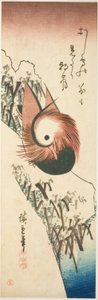 Een Mandarijneend op een besneeuwde oever door Ando or Utagawa Hiroshige