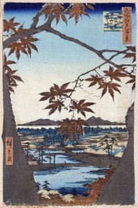Honderd beroemde uitzichten van Edo: Esdoornbladeren en het Tekona-heiligdom en de brug in Mama door Ando or Utagawa Hiroshige