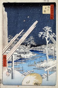 Honderd beroemde uitzichten van Edo: Houtzagerijen in Fukagawa door Ando or Utagawa Hiroshige
