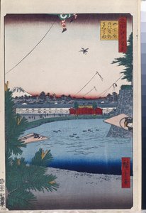 Honderd beroemde uitzichten van Edo: Hibiya en Soto-Sakurada vanuit Yamashita-cho door Ando or Utagawa Hiroshige