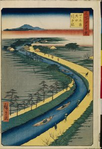 Honderd beroemde uitzichten van Edo: Sleepboten op het Yotsugi-dori-kanaal door Ando or Utagawa Hiroshige