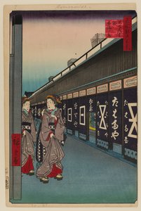 Cotton-Goods Laan, Odenma-cho door Ando or Utagawa Hiroshige