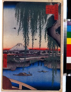 Japanse prent: Uitzicht op de Yatsumi-brug (Tokio, Japan). Serie honderd beroemde uitzichten van Edo door Ando or Utagawa Hiroshige