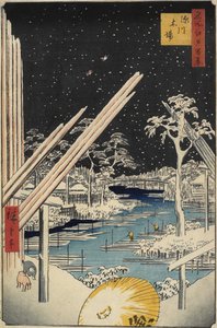 Fukagawa houtwerven, 1856 door Ando or Utagawa Hiroshige