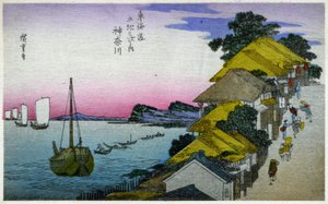 Geografie. Japan. Kanagawa (4e station). Houtsnede door Hiroshige in: Drieënvijftig stations van de Tokaido (1833-1834). Ansichtkaart, Japan, ca.1900 door Ando or Utagawa Hiroshige
