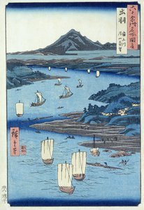 Magami Rivier en Tsukiyama, Dewa Provincie door Ando or Utagawa Hiroshige