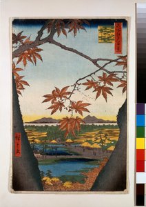 Esdoorns bij Mama, Tekona-heiligdom en Verbonden Brug door Ando or Utagawa Hiroshige