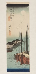 Mistig maanlicht op de zee bij Tsukuda-eiland door Ando or Utagawa Hiroshige