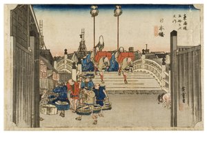 Nihonbashi: Ochtendzicht uit de serie De drieënvijftig stations van de Tokaido door Ando or Utagawa Hiroshige