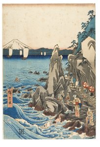 Bedevaart naar de tentoonstelling van het Benzaiten beeld in het hoofdheiligdom van Iwaya in Enoshima in de provincie Sagami, ca. 1847-1852