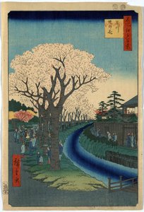 Prent toont toeschouwers die kersenbloesems bekijken langs de oevers van de Tama-rivier in Edo, houtsnede door Ando Hiroshige