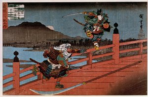 Samurai-gevecht Japanse prent door Hiroshige Utagawa (1797-1858). 19e eeuw. Parijs, Guimet Museum, Nationaal Museum voor Aziatische Kunsten door Ando or Utagawa Hiroshige