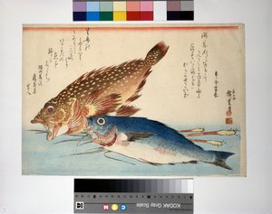 Schorpioenvis en isakivis met gemberwortel door Ando or Utagawa Hiroshige