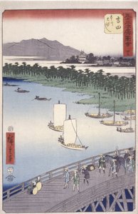 Station 35, Yoshida; Kyoka Tokaido-serie (figuren die de voorgrond oversteken) door Ando or Utagawa Hiroshige